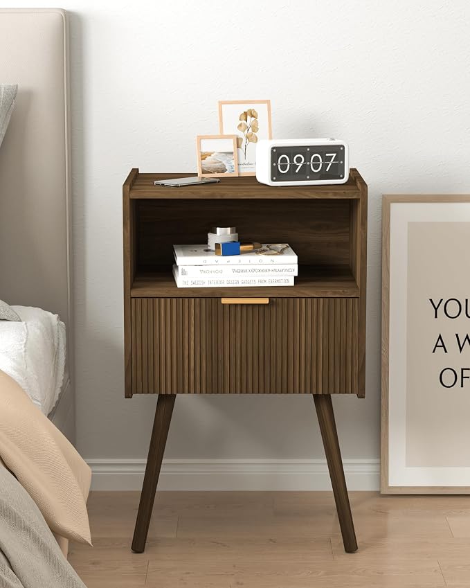 JOONEE Nightstand,Modern Bedside Table with Storage Drawer and Open Wood Shelf, for Living Room, Bedroom and Small Spaces, Accent Night Stand with Solid Wood Legs, Easy Assembly,Walnut Brown
