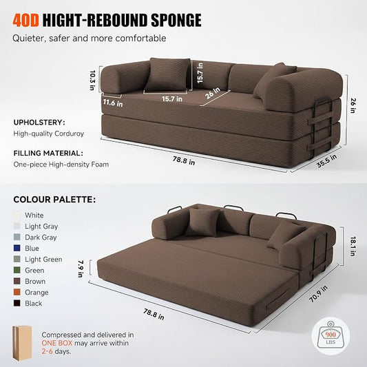 79" Convertible Sleeper Sofa Bed, Corduroy Boneless Fold-Out Couch in a Box, 4-in-1 Loveseat/Futon Couch, High-Density Foam, No Assembly, Side Pockets, 2 Pillows for Small Spaces, Brown