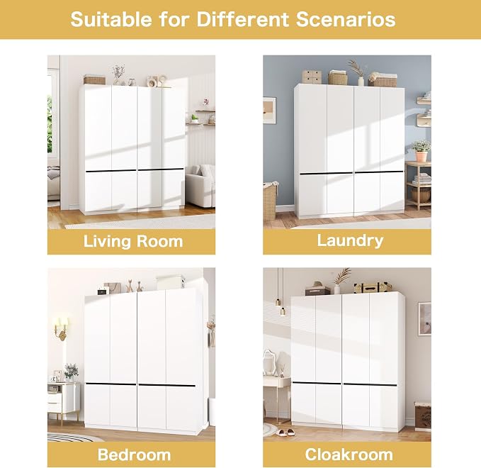 White Armoire Wardrobe Closet: 74" Wooden Wardrobe Closet with 4 Doors, Bedroom Armoires with Hanging Rod, Tall Closets Cabinet for Hanging Clothes (63")