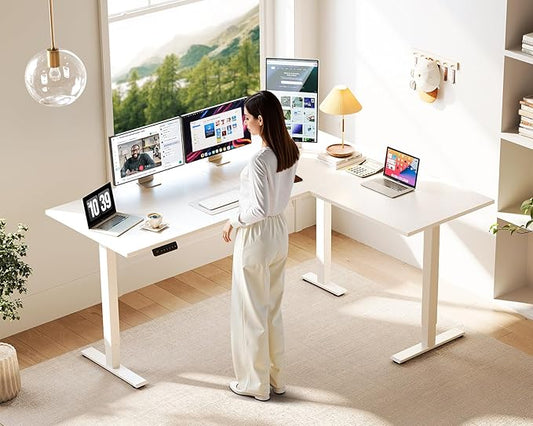 Casaottima 63 Inch Electric L-Shaped Standing Desk, Reversible Corner Desk with Height Adjustment, Large Ergonomic Workstation for Home Office, Reception Room, White