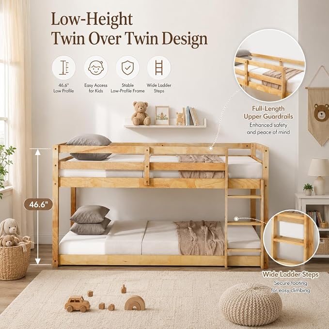 Twin Over Twin Bunk Bed, Low Profile Wooden Frame for Kids Bedroom, Floor Bunk with Ladder and Guardrails, Rubber Wood Construction, 13 Plywood Slats, No Box Spring Needed (Natural)