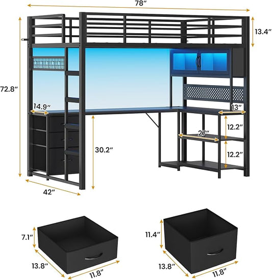 ADORNEVE Twin Size Loft Bed with L-Shaped Gaming Desk, Storage Drawers & Hutch, Expanded Safety Power Outlet, Metal Loft Bed Frame with RGB Lights, Space Saving for Teens, Black