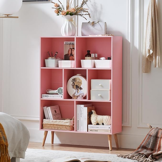 LEYAOYAO Cube Bookshelf 3 Tier Mid-Century Light Pink Modern Bookcase with Legs,Retro Wood Bookshelves Storage Organizer Shelf,Freestanding Open Book Shelves for Bedroom,Living Room,Office