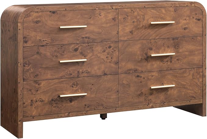 Curved 6 Drawer Dresser for Bedroom, 54'' Wide Chest of Drawers, Farmhouse Storage Cabinet for Hallway & Living Room TV Stand, FSC Certified 1.18" Thick Board, 100 lbs Top Weight, Dark Burl