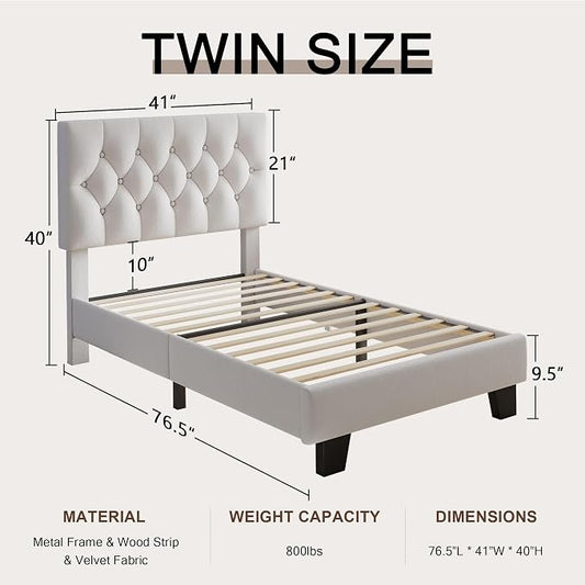 Einhomn Twin Upholstered Bed Frame with Headboard, Button Tufted Linen Bed Base, Platform Bed with Wood Slat, Heavy Duty, Easy Assembly, No Box Spring Needed, White