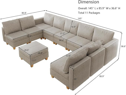 EASE MOOSE Modular Couch U Shaped Oversized Sofa, Faux Leather Sectional Sofa with Storage Seat,White