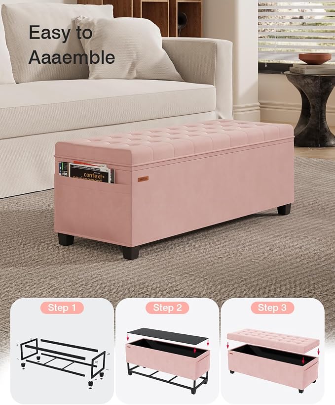 ABHENG Velvet Storage Ottoman Bench with Legs - 770 lb Capacity, 15.7"L x 43"W x 15.7"H for Bedroom, Living Room, Entryway - Jelly Pink