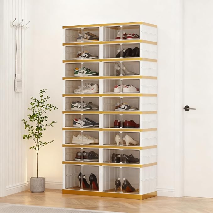 SYNCVIBE Shoe Rack Organizer for Closet Entryway Foldable Sneaker Storage Shoe, Collapsible Shoe Cabinet, Stackable Shoe Storage Cabinet with Lids for Living Room (9 Tiers -36 Pairs White Gold)