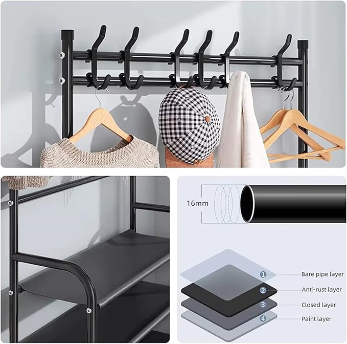 ikaufen 5-Tier Entryway Coat Rack Shoe Shelf, 2-in-1 Hall Tree with 8 Hooks, Thickened Plastic Storage Organizer for Shoes, Bags, Hats (Black/White) (Black 80cm +8 Hooks+12 Bag)