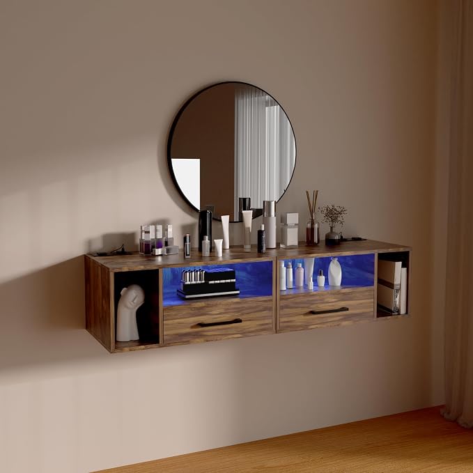 Homaterial Floating Nightstand with Charging Station and LED Lights, Floating Bedside Table with Drawers Wall Mounted Nightstands,for Bedroom Room, 21.3" x 11.8" x 10",Rustic Brown