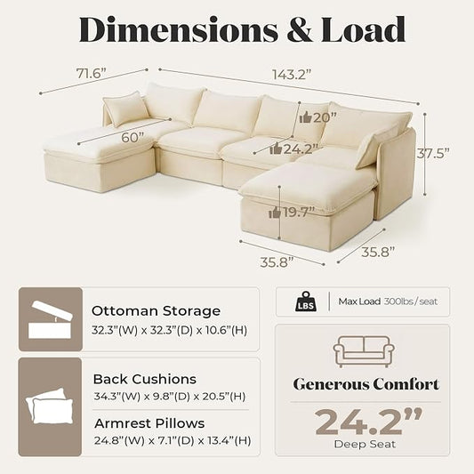 Cloud Modular Sectional Sofa, Oversized Deep Seat Comfort, Luxe Chenille | Fully Removable Washable Covers, Memory Foam Seat Cushions, Storage Ottoman, Premium Fabric