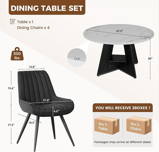 47.3 Inch Round Dining Table Set for 4, Round Kitchen Table with Chairs, Space Saving Dining Room Table set with Storage Shelf for Apartment Kitchen Dining Room, Faux Marble Table+4 Black Chairs