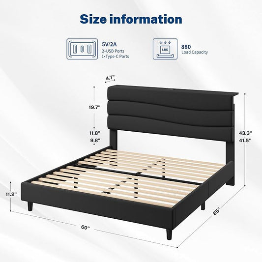 EnHomee Queen Size Bed Frame with Adjustable Height Headboard Upholstered Platform Bed Queen with Charging Stations,No Box Spring Needed,Easy Assembly,Noise-Free,Black