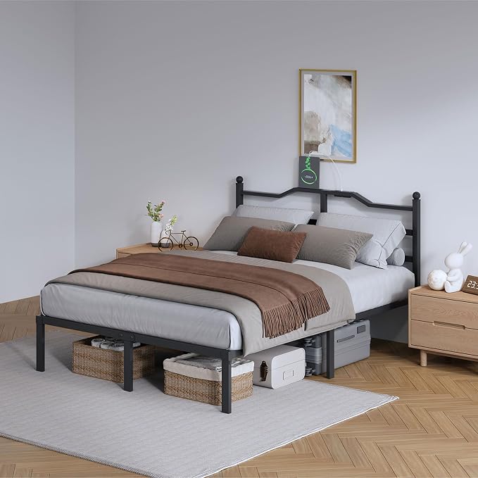 SHOANED Metal Bed Frame with Charging Station - 14 Inch King Size Heavy Duty Bedframe with Headboard Black Basic Steel Slats Platform No Box Spring Needed/Noise Free