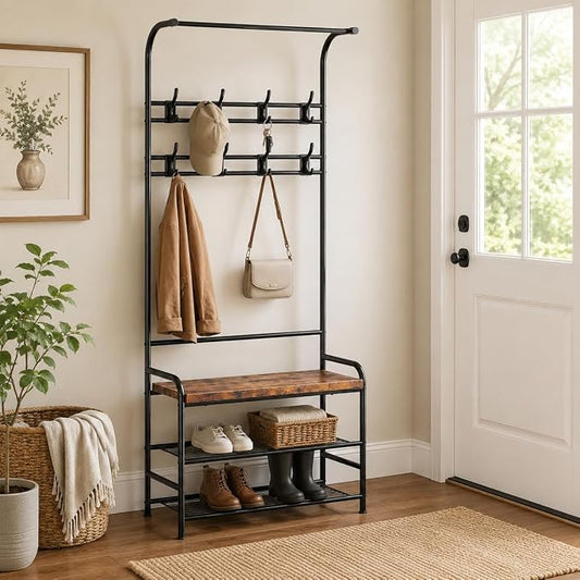OUTLANE Hall Tree Shoe Bench for Entryway, Hall Tree with Bench and Shoe Storage, 4-in-1 Coat Rack Storage Bench with 8 Hooks, Freestanding Entryway Organizer for Hallway, Bedroom, Small Spaces, Brown