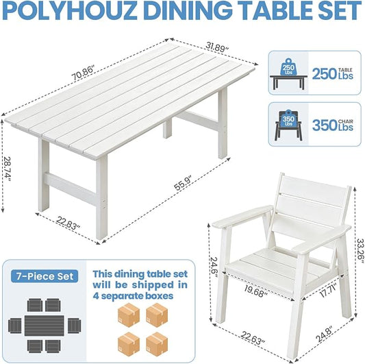 Outdoor Dining Set for 6, 7-Piece Patio Table and Chairs Set, HDPE Outdoor Dining Table and Chairs with Umbrella Hole, All-Weather Dining Furniture Set,White