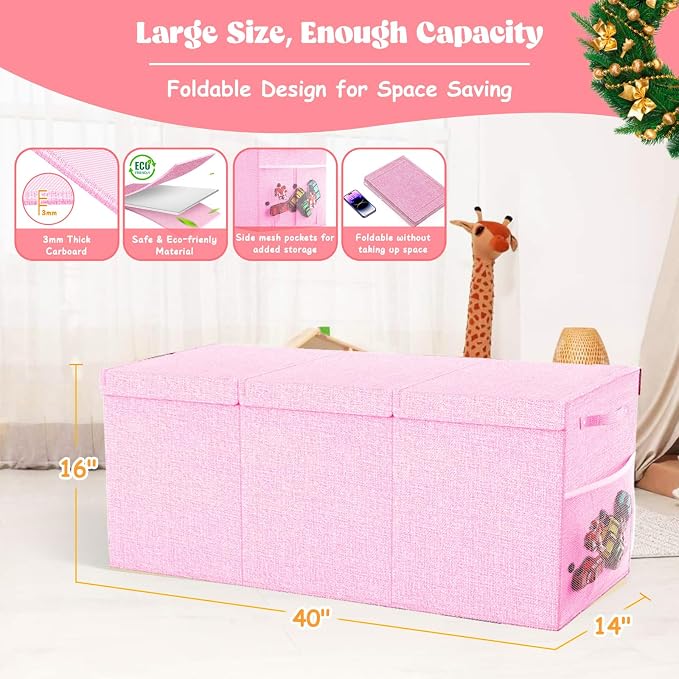 Beadsky Extra Large Toy Box Toddlers Chest with Lids, Collapsible Sturdy Toy Storage Organizer, Kids Bin Boxes Storage Basket for Boys, Girls, Nursery, Living Room, Playroom, 40"x14"x16" (Pink)