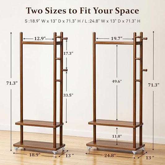 Taitiy Coat Rack Freestanding Clothing Rack with Wheels, Coat Tree Freestanding Heavy Duty with 2 Storage Shelves and 5 Hooks, Wood Garment Rack for Corner Bedroom Hallway Entryway Living Room Hotel