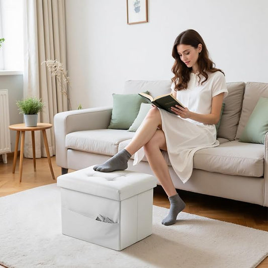 Bsketa Storage Ottoman Foot Rest Stool, Small Leather Storage Ottomans Bench, Folding Footstool with Side Pockets, Foot Rest Under Desk for Living Room Bedroom, 16x12x12 in, White