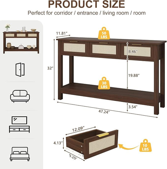 Luoxiao Console Table for Entryway with 3 Rattan Drawers Storage Open Shelf | Narrow Entry Table for Hallway, Foyer, Couch, Front Entrance, Anti-Tip, Easy to Assemble, 47 Inch, Walnut, Mid-Century Modern