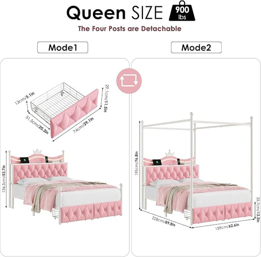 Keyluv Queen Size Upholstered LED Canopy Bed Frame with Charging Station and Drawer, Button Tufted Crown Headboard with Storage Shelf, Two-Purpose Removable Four Poster Design Platform Bed, Pink
