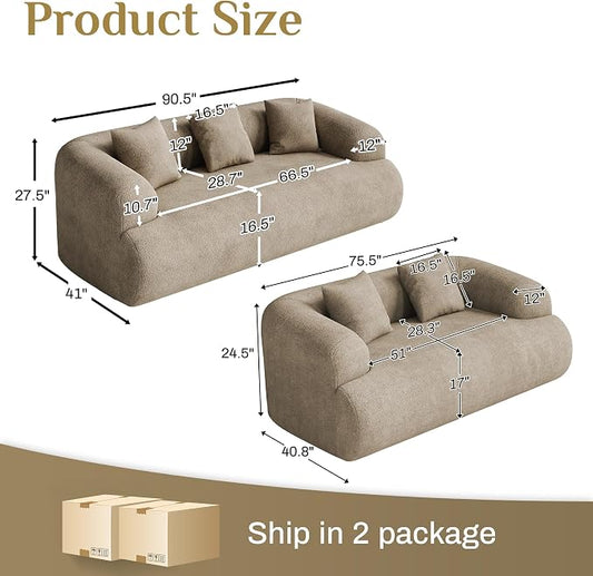 Boneless Couch Set, 91" + 75'' Cloud Couch Set, Chenille Curved Sofa, Modern Compression Sofa for Living Room, Bedroom and Apartment, No Assembly Required, Light Brown