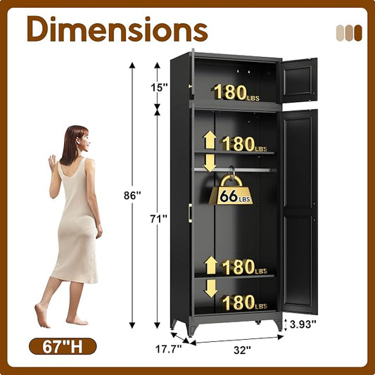 UNICOLY 86.6" Amoire Wardrobe Closet, 71" Wardrobe Cabinet with 15.74" Cabinet, Metal Closets with Hanging Rod for Bedroom School, Employee, Gym, Armarios De Ropa para Domitorio, Black
