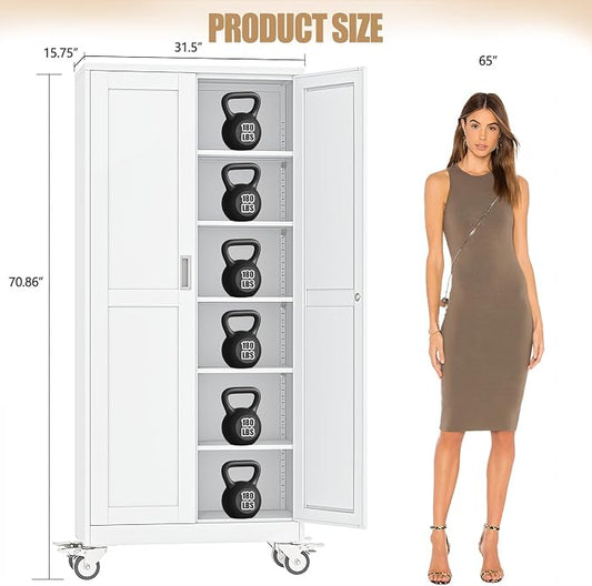 75" H Metal Pantry Storage Cabinet with Wheels,Rolling Kitchen Pantry Cabinet with 2 Doors and 5 Adjustable Shelves, Locker Steel Cabinet,Organization Cabinet for Garage,Home,Gym,School,White