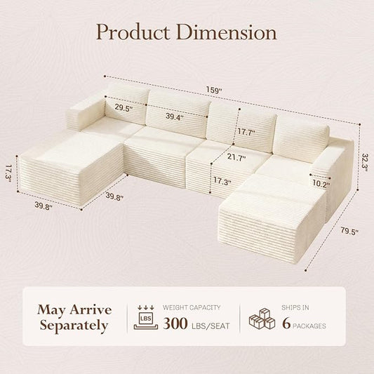 Vesgantti 159" Large Modular Sectional Sofa, U-Shaped Corduroy Cloud Couch with Deep Seats & Spring Support, 4-Seater Boneless Sofa with 2 Movable Ottomans, No Assembly Needed, Beige