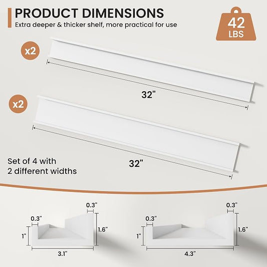 Fun Memories Picture Ledge Shelves Set of 4, 32 Inch Rustic Wall Mounted Floating Shelves with Lip for Home Storage and Décor in Bathroom, Kitchen, Nursery, Bedroom, Living Room, White