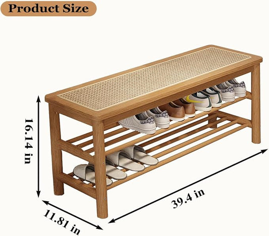 SOBIBO Bamboo Shoe Rack Bench with Rattan Seat, 3-Tier Shoe Storage Bench, Entryway Bench for Hallway,Nature-39.4 inches