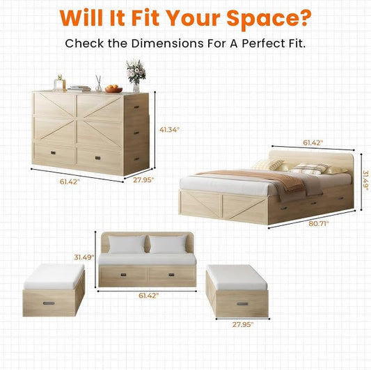 CECER 3-in-1 Queen Murphy Bed with Mattress for Small Space -Natural Wood | Multi-Functional Desgin that Converts to Sofa Set,Bed and Cabinet,Easy Assemble & Conversion