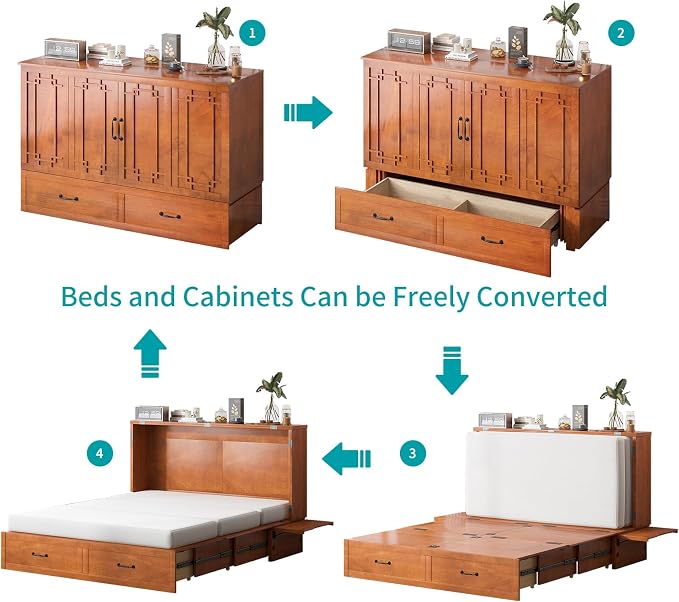BALUS Queen Murphy Bed, Cabinet Bed with Built-in USB Ports & Storage Drawer, Space-Saving Modern Murphy Beds Cabinet Guest Beds for Office, No Mattress- Cherry