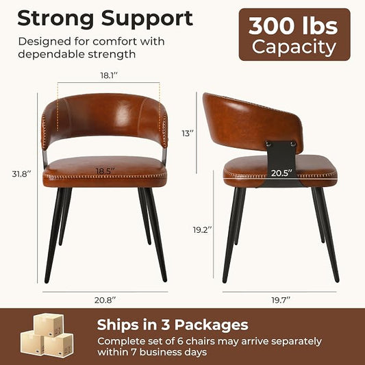Dining Chairs Set of 6, Modern Upholstered Faux Leather Kitchen Chairs with Elegant Stitching, Easy to Assemble & Clean for Dining Room, Restaurant, Cafe, Vintage Brown