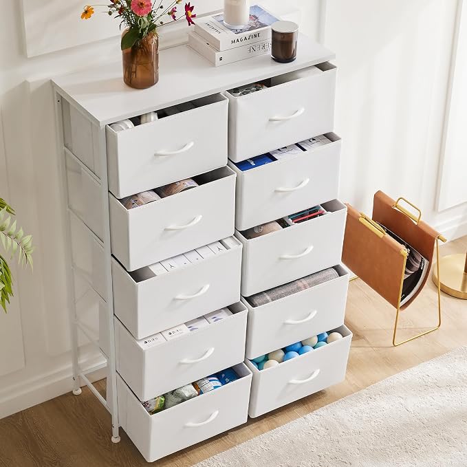 DUMOS 10 Drawer Dresser for Bedroom, Storage Organizer Chest of Drawers | Wide Fabric Closet Organizer Tower Furniture with Wooden Top Metal Frame, Dorm, White