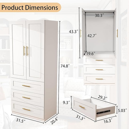 White Wardrobe with 2 Doors: 75" Tall Armoire Wardrobe Closet with 3 Drawers, Bedroom Armoires for Hanging Clothes, Wooden Closet Storage Cabinet with Shelves (Modern, 1)
