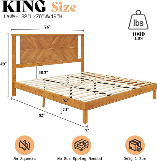 AMERLIFE Solid Wood King Size Bed Frame with Headboard, Mid Century Modern Style Platform Bed with Under-Bed Storage, No Box Spring Needed, Noise Free, Easy Assembly, Light Brown