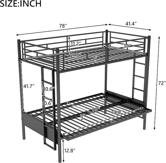 Bellemave Twin Over Futon bunk Bed, loft beds with futon, Twin Over Full Futon bunk beds, Black
