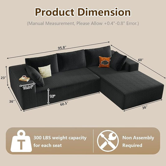 96" Modular Sectional Couch, Boneless L Shaped Cloud Sofa with Chaise Lounge, Corduroy Upholstered Couches Memory Foam Deep Seat, No Assembly Required, Ideal for Living Room(Black, Right Facing)