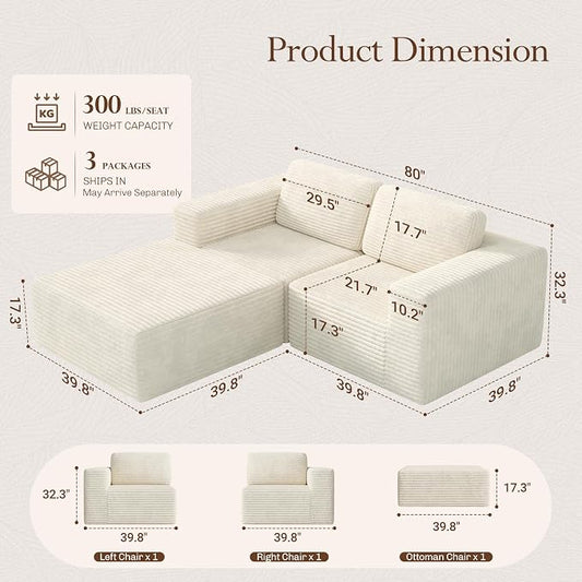 Vesgantti 80" Modular Sectional Sofa, Corduroy Cloud Couch with Deep Seats & Spring Support, Compact 2 Seater Boneless Couch, L-Shaped Modular Sofa for Small Spaces, Apartments, No Assembly, Beige
