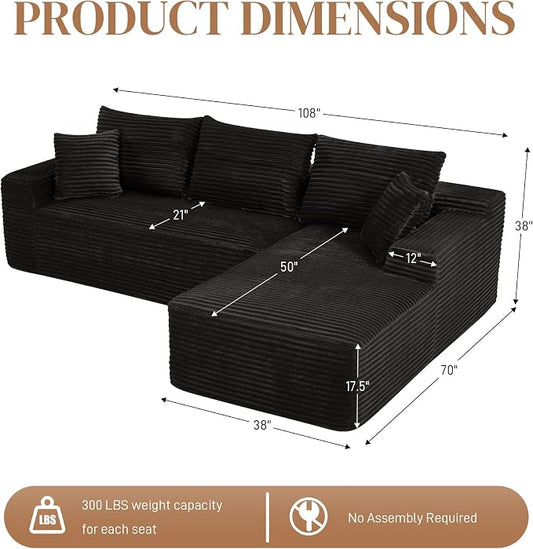 108" L Shaped Cloud Boneless Sectional Couches for Living Room, Modern Comfy Modular Deep Seat Memory Foam Compressed Corduroy Sofa Oversized Right Facing Chaise, No Assembly Required, Balck