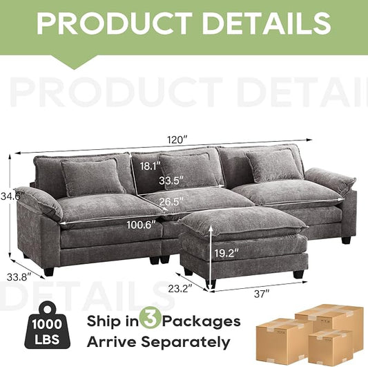 Oprisen 120" Modular Sectional Sofa, Comfy Cloud Couch Sectional Sofa with Ottoman, Chenille Sofa Sleeper Deep Seat Sofa with Throw Pillows for Living Room (Light Gray, 120"- L Shape)