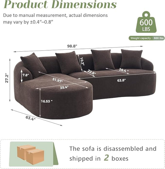 99" Curved Sofa with L-Shape Chaise,Modern Cloud Curved Couch with Deep Seat,No Assembly Required,Upholstered Oversized Couches for Living Room,Apartment (Brown, 99Inch)