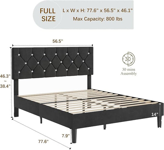 VECELO Full Size Bed Frame with Diamond Tufted Headboard, Upholstered Platform Bedframe with Wood Slat Support, No Box Spring Needed, Velvet & Black