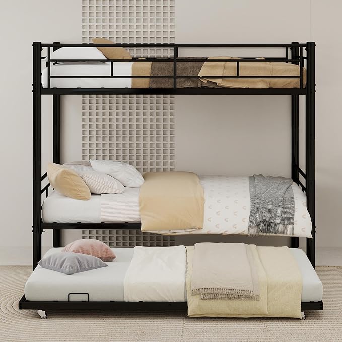 3-Way Convertible Twin over Twin Bunk Bed with Trundle, Metal Low Bunkbed for Kids Boys Girls, Guardrail & Ladders, Heavy Duty, No Box Spring Needed, Space-Saving, Easy Assembly (Black, With Trundle)
