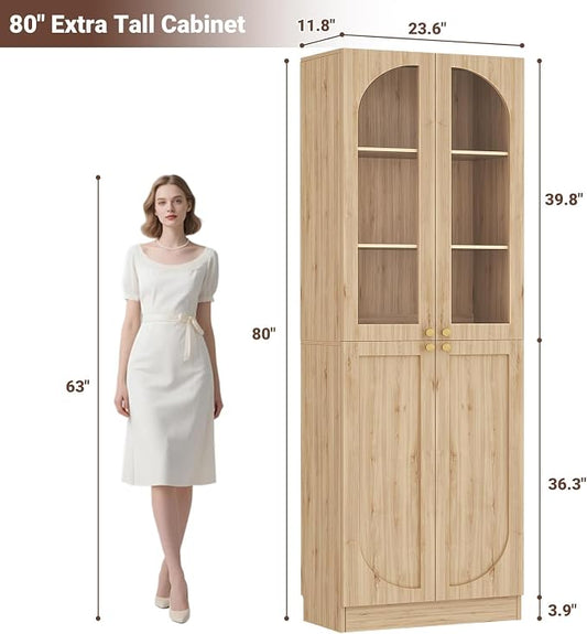Cyclysio 80" Kitchen Pantry, Tall Arch Storage Cabinet with Tempered Glass & Soft Close Doors, Freestanding Wood Floor Cupboard Bookcase with Seamless Fit Wall for Dining Room, Living Room, Bathroom