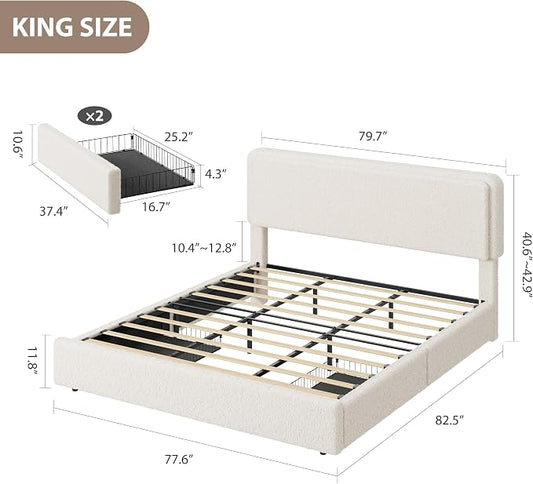 Garvee King Size Bed Frame with 2 Storage Drawers and Upholstered Headboard