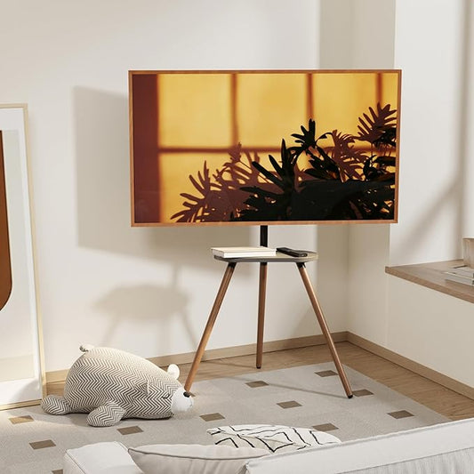 Tripod Easel TV Stand for 43–65 Inch TVs, Height Adjustable Swivel Floor Stand with Wood Shelf and Cable Management, VESA 400x400, Minimalist Black Walnut