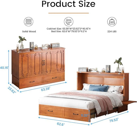 PUREMIND Queen Murphy Bed with Mattress Included, Solid Wood Cabinet Bed with Storage Drawer, USB Charging Ports and Folding Tray, Space Saving Hideaway Murphy Beds Cabinet for Guest Room