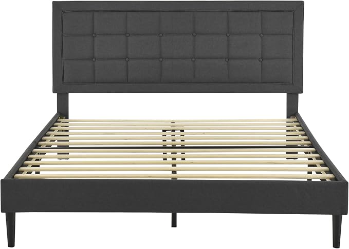 Decoro Mornington Upholstered 2.0 Platform Bed, Button-Tufted Fabric Headboard and Metal Frame with Wood Slat Support, Dark Grey, Queen